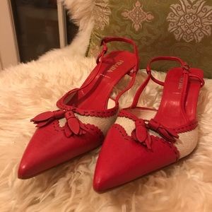 PRADA Red Leather & Tweed Mules